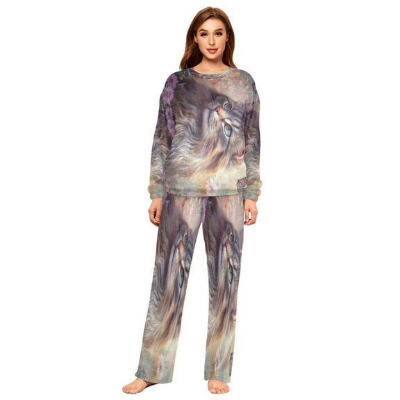 YAZAOO Women Slim Pajamas Loose Style Female Fashion Cat in Flower Field Pattern Sleepwear