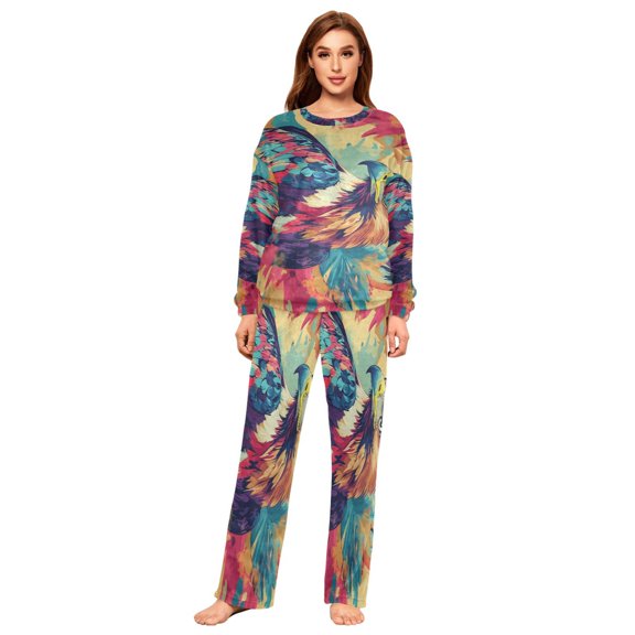 YAZAOO Women Slim Pajamas Loose Style Female Fashion Colorful Bird Plainting Pattern Sleepwear