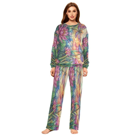 YAZAOO Women Slim Pajamas Loose Style Female Fashion Colorful Dragonflies Pattern Sleepwear