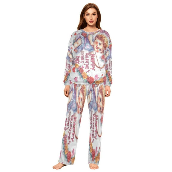 YAZAOO Women Slim Pajamas Loose Style Female Fashion Cupid with Heart and Flowers Pattern Sleepwear