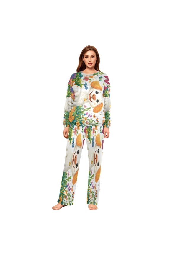 Women Slim Pajamas Loose Style Female Fashion Cute Dog Play in Garden Pattern Sleepwear