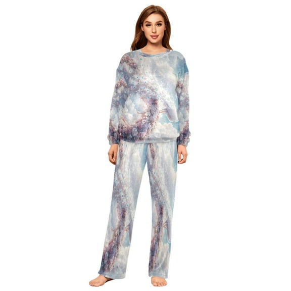 YAZAOO Women Slim Pajamas Loose Style Female Fashion Fantasy White Peacock Printed Pattern Sleepwear