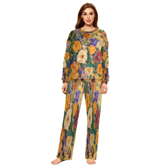 YAZAOO Women Slim Pajamas Loose Style Female Fashion Golden Floral Harmony Pattern Sleepwear