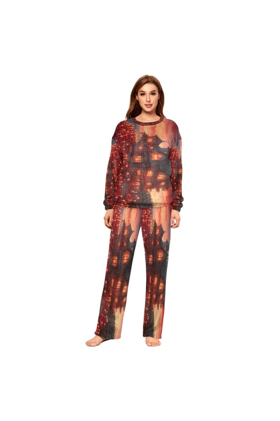 Women Slim Pajamas Loose Style Female Fashion Gothic House with Roses Candles Pattern Sleepwear