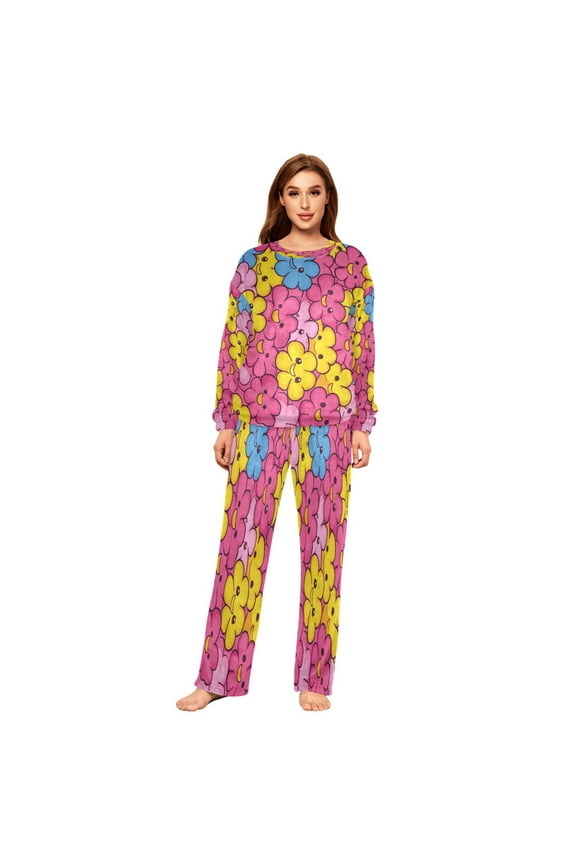 Women Slim Pajamas Loose Style Female Fashion Joyful Floral Faces Pattern Sleepwear