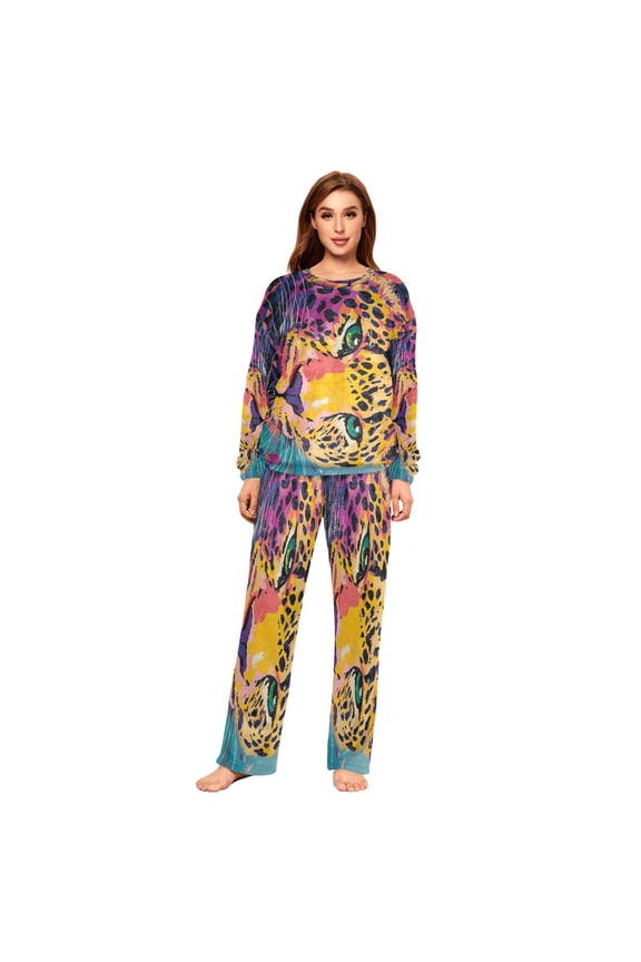 Women Slim Pajamas Loose Style Female Fashion Leopard Colorful Print Pattern Sleepwear
