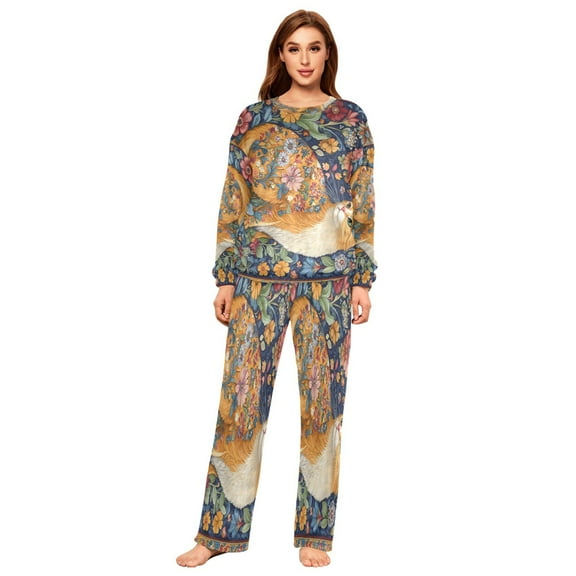 YAZAOO Women Slim Pajamas Loose Style Female Fashion Orange Cat Printing Pattern Sleepwear