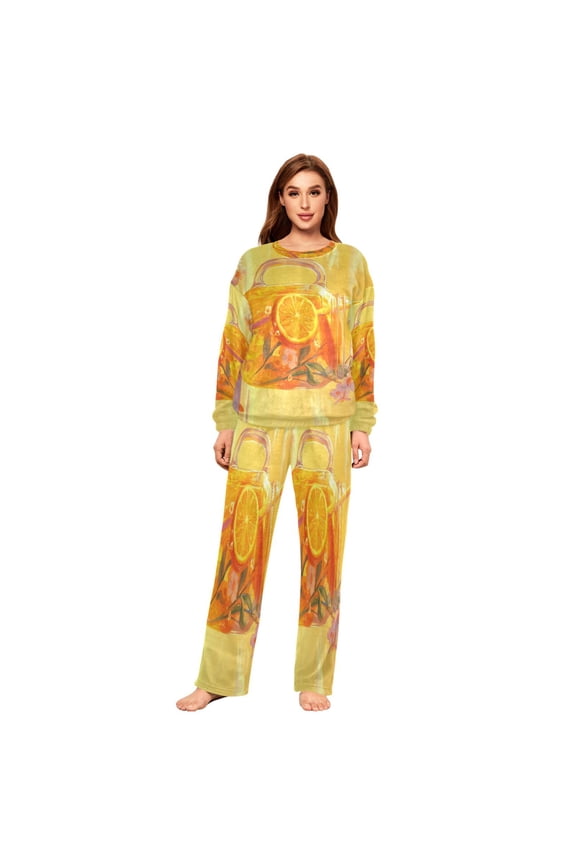 Women Slim Pajamas Loose Style Female Fashion Orange Soda with Flowers Pattern Sleepwear