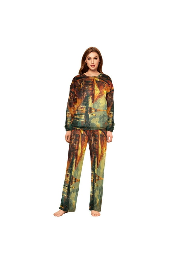 Women Slim Pajamas Loose Style Female Fashion Paris Street Evening Scene Pattern Sleepwear