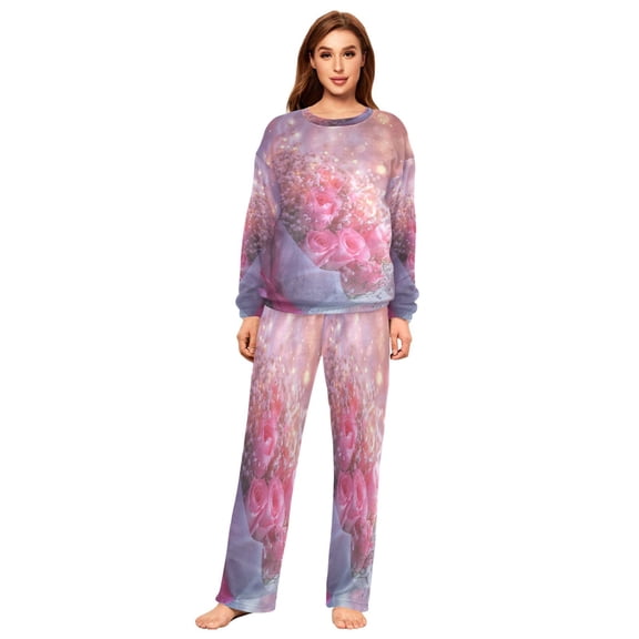 YAZAOO Women Slim Pajamas Loose Style Female Fashion Pink Roses Bouquet with Lights Pattern Sleepwear