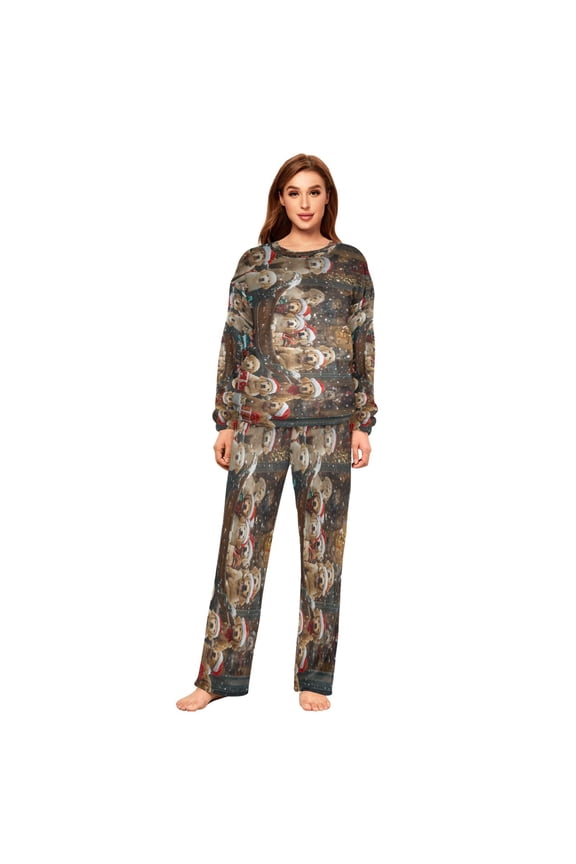 Women Slim Pajamas Loose Style Female Fashion Puppies in Santa Hats Sleigh Pattern Sleepwear