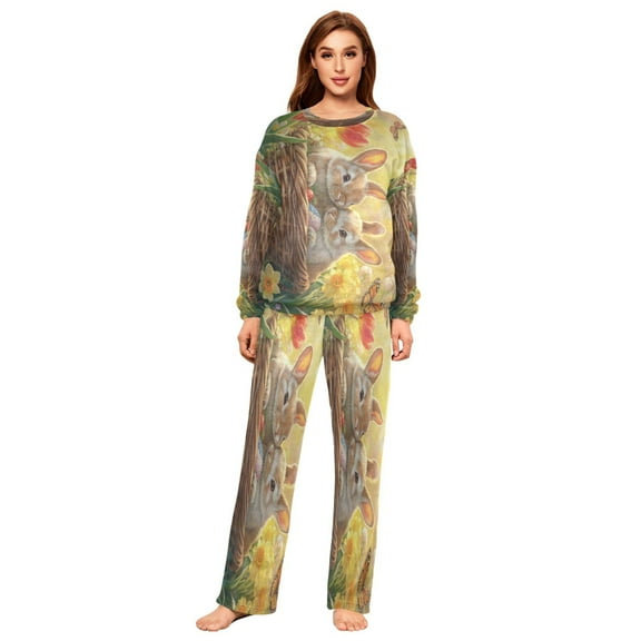 YAZAOO Women Slim Pajamas Loose Style Female Fashion Rabbit on Easter Basket Pattern Sleepwear