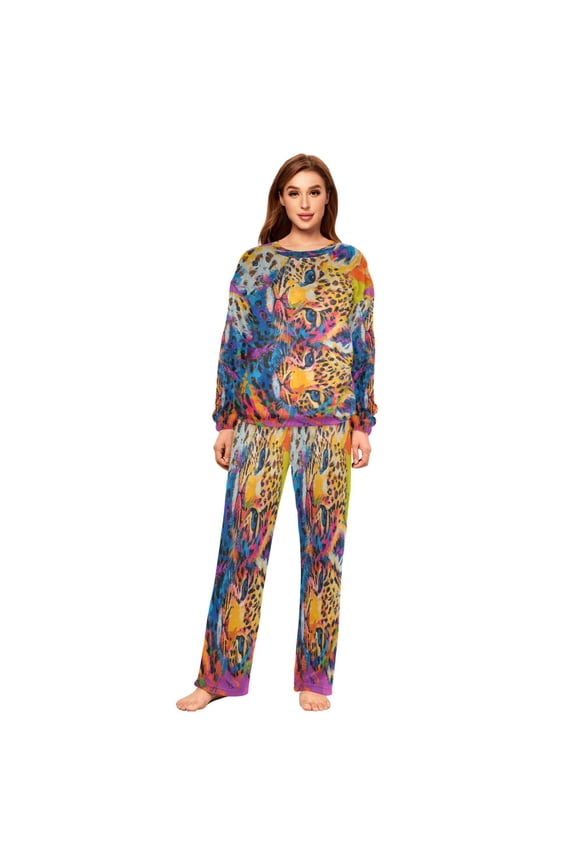 Women Slim Pajamas Loose Style Female Fashion Radiant Leopard Twins Pattern Sleepwear
