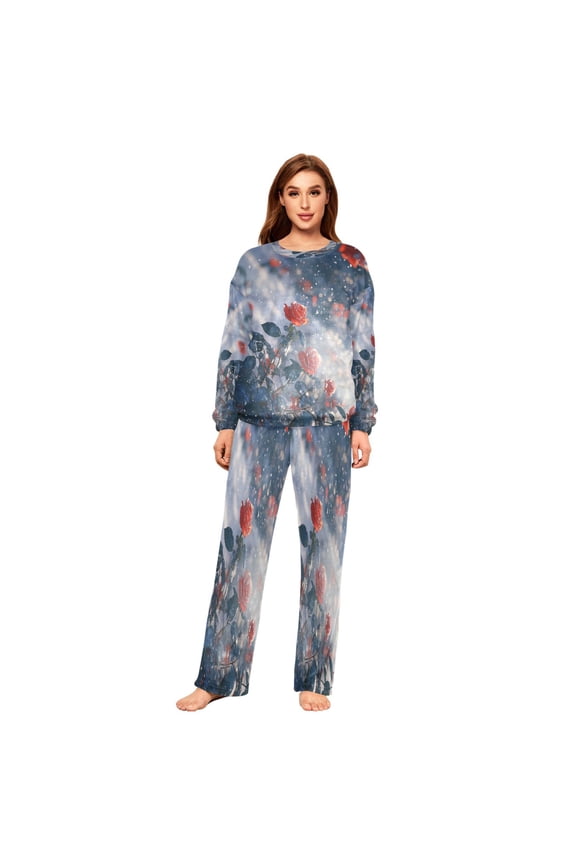 Women Slim Pajamas Loose Style Female Fashion Red Roses with Snowflakes Pattern Sleepwear
