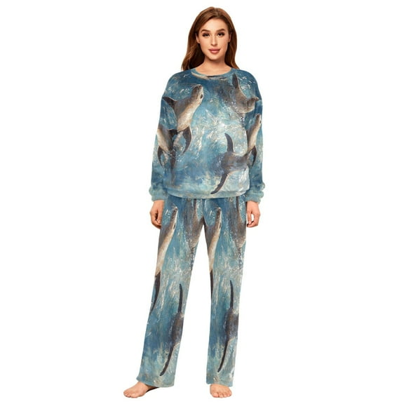 YAZAOO Women Slim Pajamas Loose Style Female Fashion Sea-lion Play on The Ocean Painting Pattern Sleepwear
