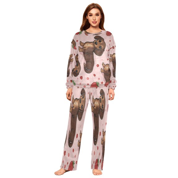 YAZAOO Women Slim Pajamas Loose Style Female Fashion Strawberry Pup Parade Pattern Sleepwear