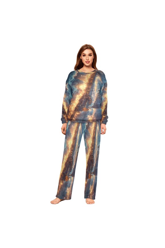 Women Slim Pajamas Loose Style Female Fashion Train Traveling Through Starry Sky Pattern Sleepwear