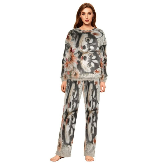 YAZAOO Women Slim Pajamas Loose Style Female Fashion Two Puppies with Flowers Pattern Sleepwear