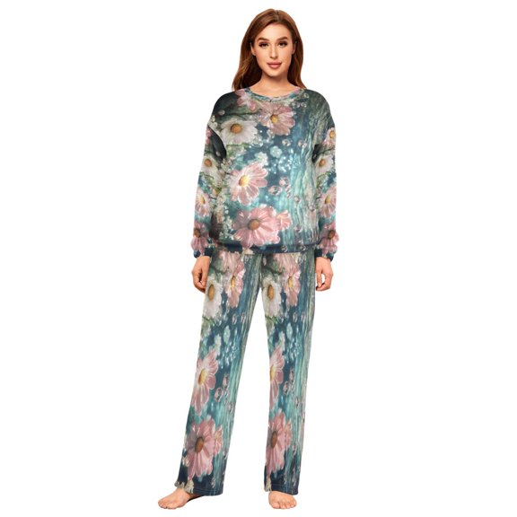 YAZAOO Women Slim Pajamas Loose Style Female Fashion Underwater Pink and White Flowers Pattern Sleepwear