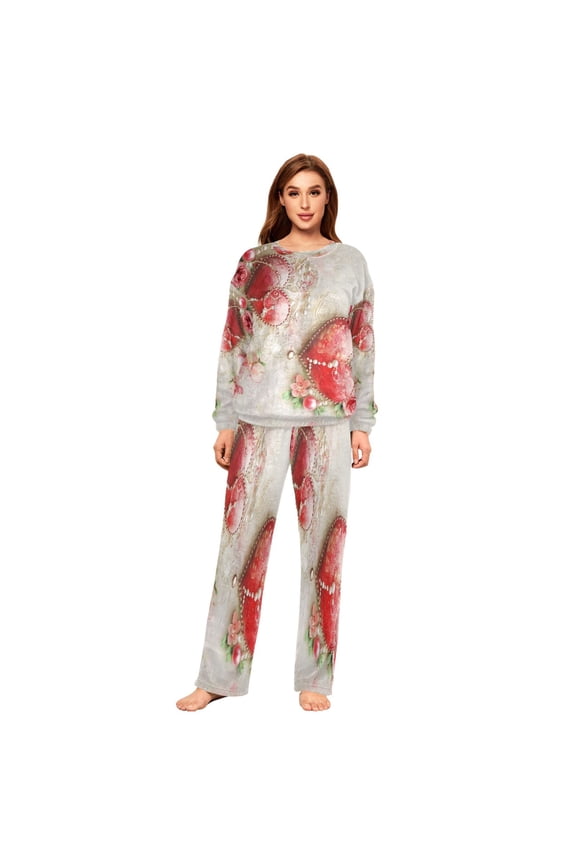Women Slim Pajamas Loose Style Female Fashion Valentines Day Heart Pattern Pattern Sleepwear