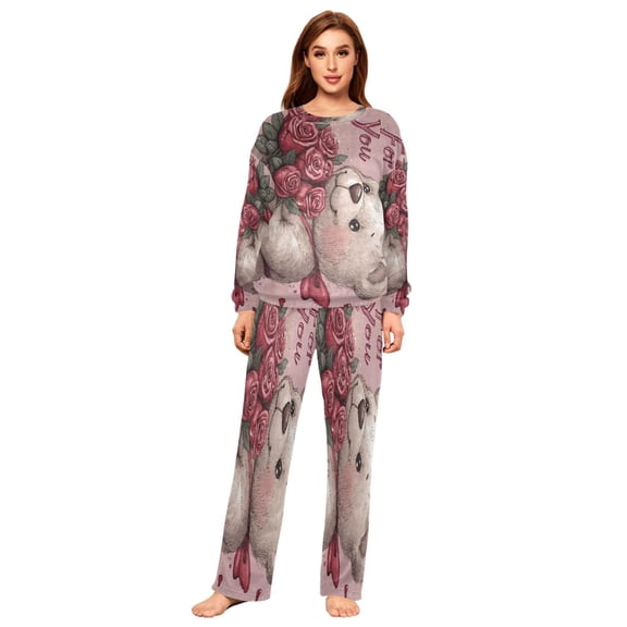YAZAOO Women Slim Pajamas Loose Style Female Fashion White Bear with Roses Pattern Sleepwear