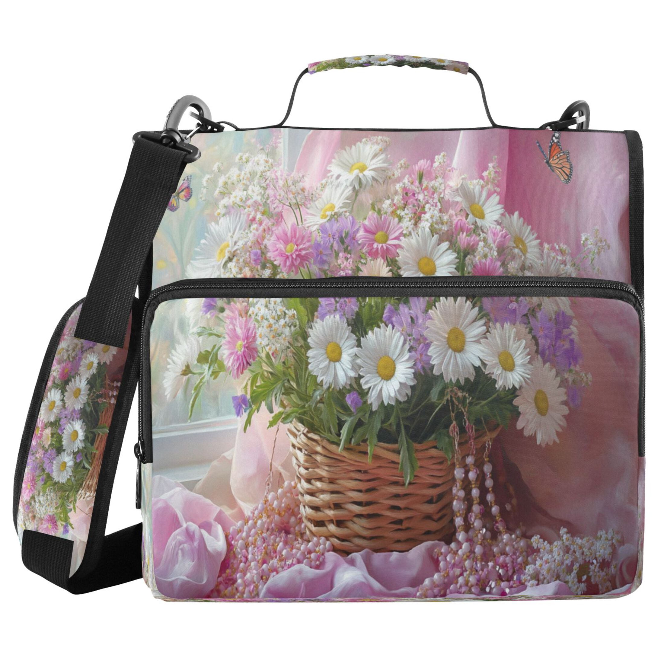 YAZAOO Zipper Binder trapper keeper Documents Organized Design Basket_of Flowers and Butterflies Printed