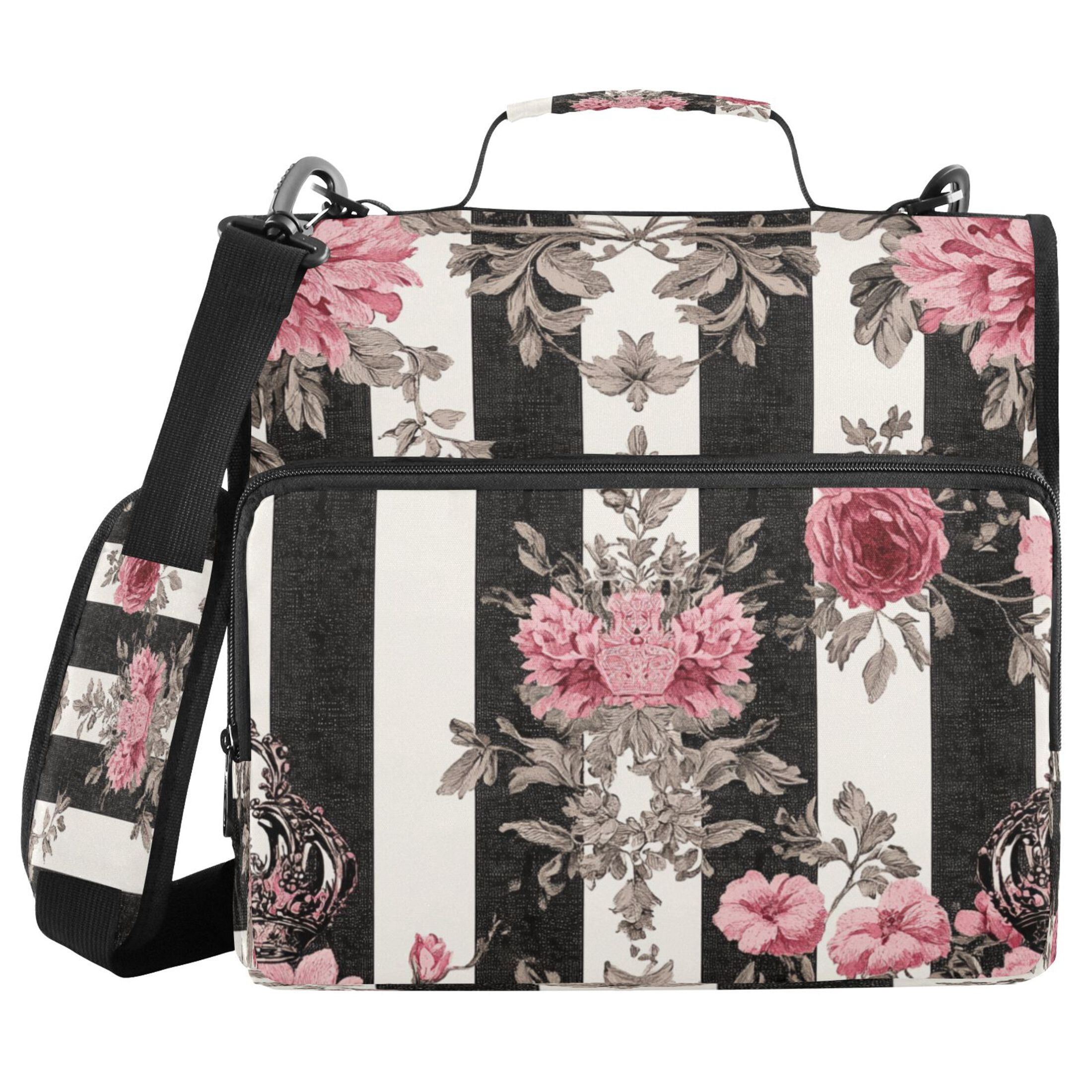 YAZAOO Zipper Binder trapper keeper Documents Organized Design Black White Stripes Pink Roses Printed