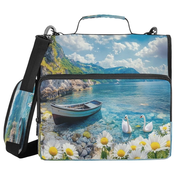 YAZAOO Zipper Binder trapper keeper Documents Organized Design Boat Swans Daisies and Mountains Printed
