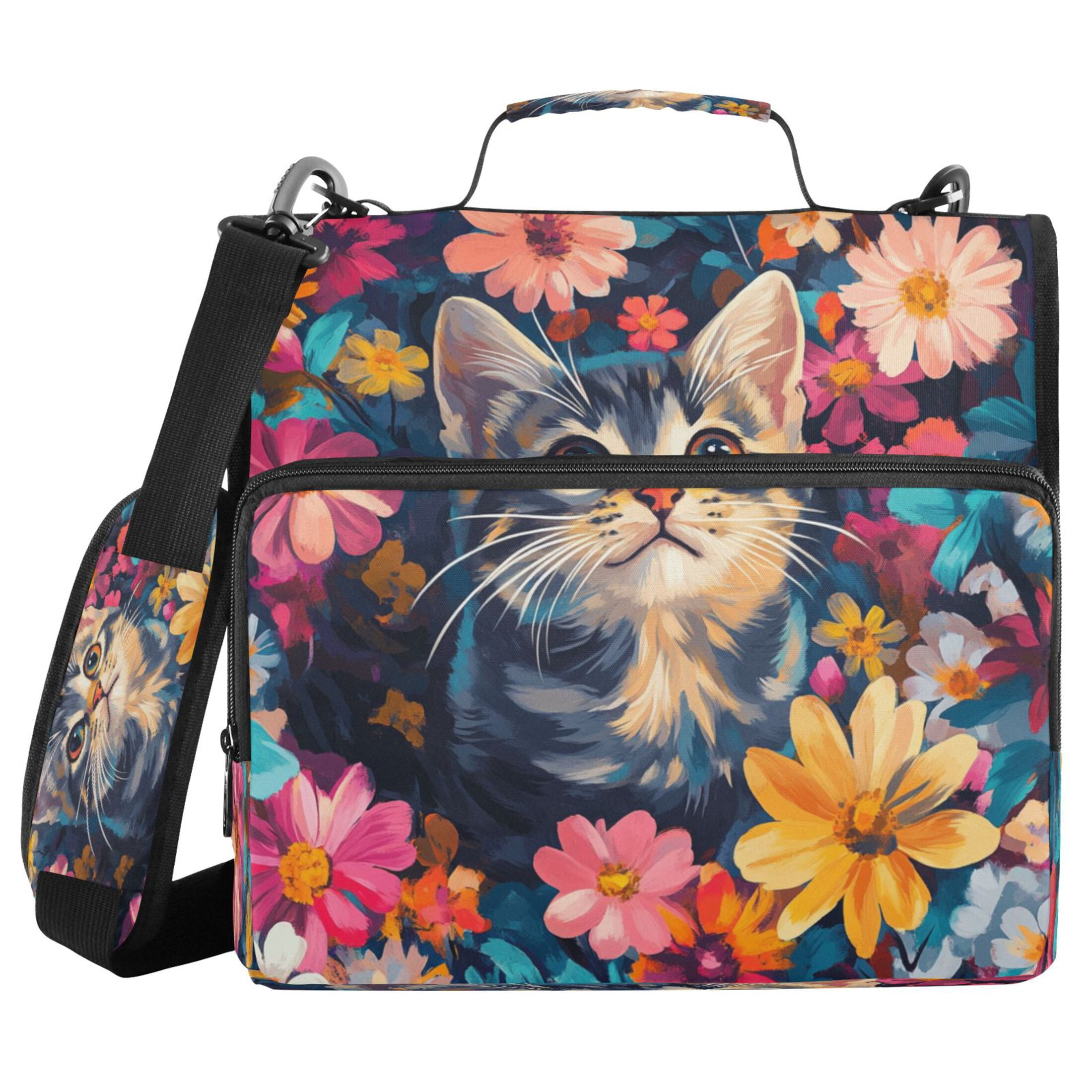 YAZAOO Zipper Binder trapper keeper Documents Organized Design Cat Peeking Through Flowers Printed