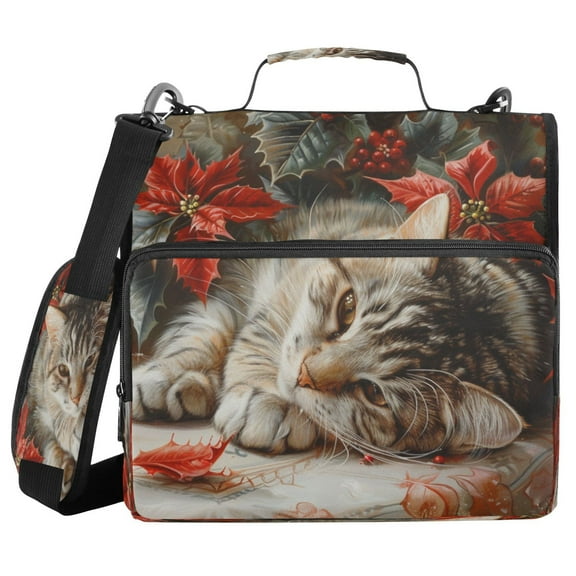 YAZAOO Zipper Binder trapper keeper Documents Organized Design Cat with Poinsettias Printed