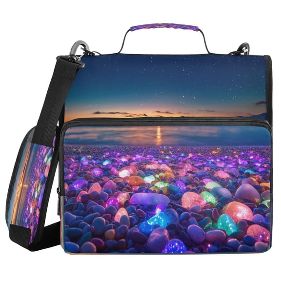 YAZAOO Zipper Binder trapper keeper Documents Organized Design Colorful Beach with Glowing Pebbles Printed