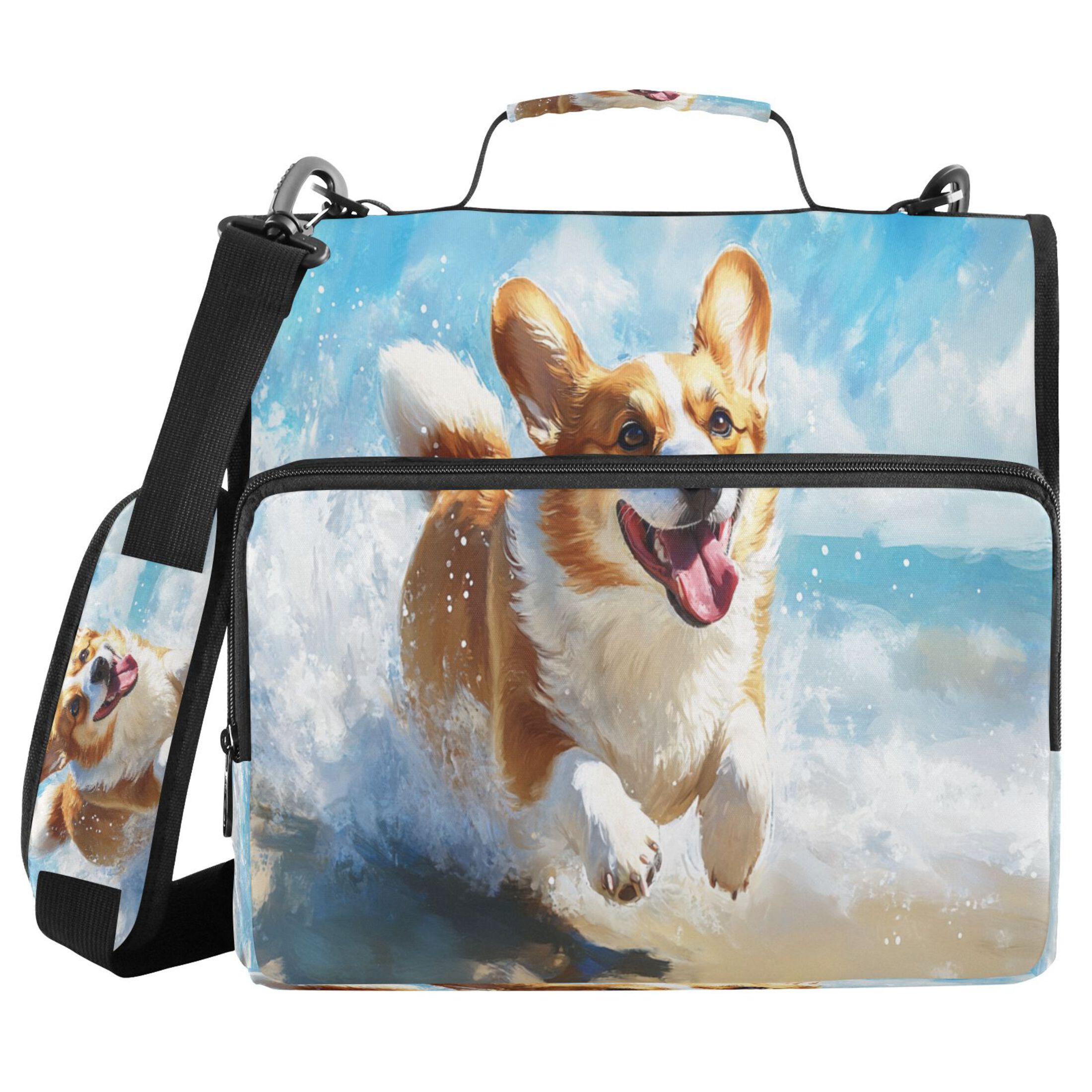 YAZAOO Zipper Binder trapper keeper Documents Organized Design Corgi Play on The Beach Printed