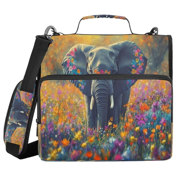 YAZAOO Zipper Binder trapper keeper Documents Organized Design Elephant in Colorful Flower Field Printed