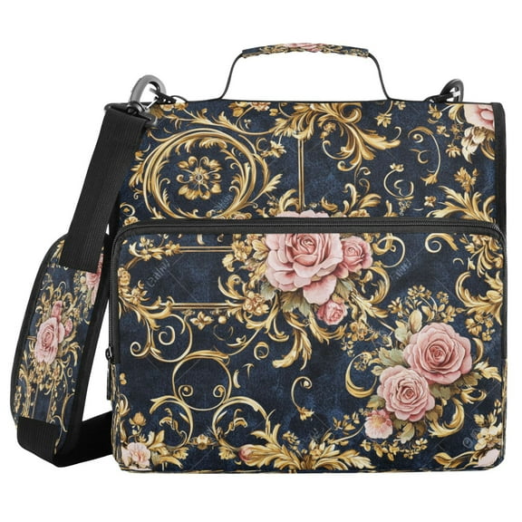 YAZAOO Zipper Binder trapper keeper Documents Organized Design Floral Pink Roses Gold Filigree Printed