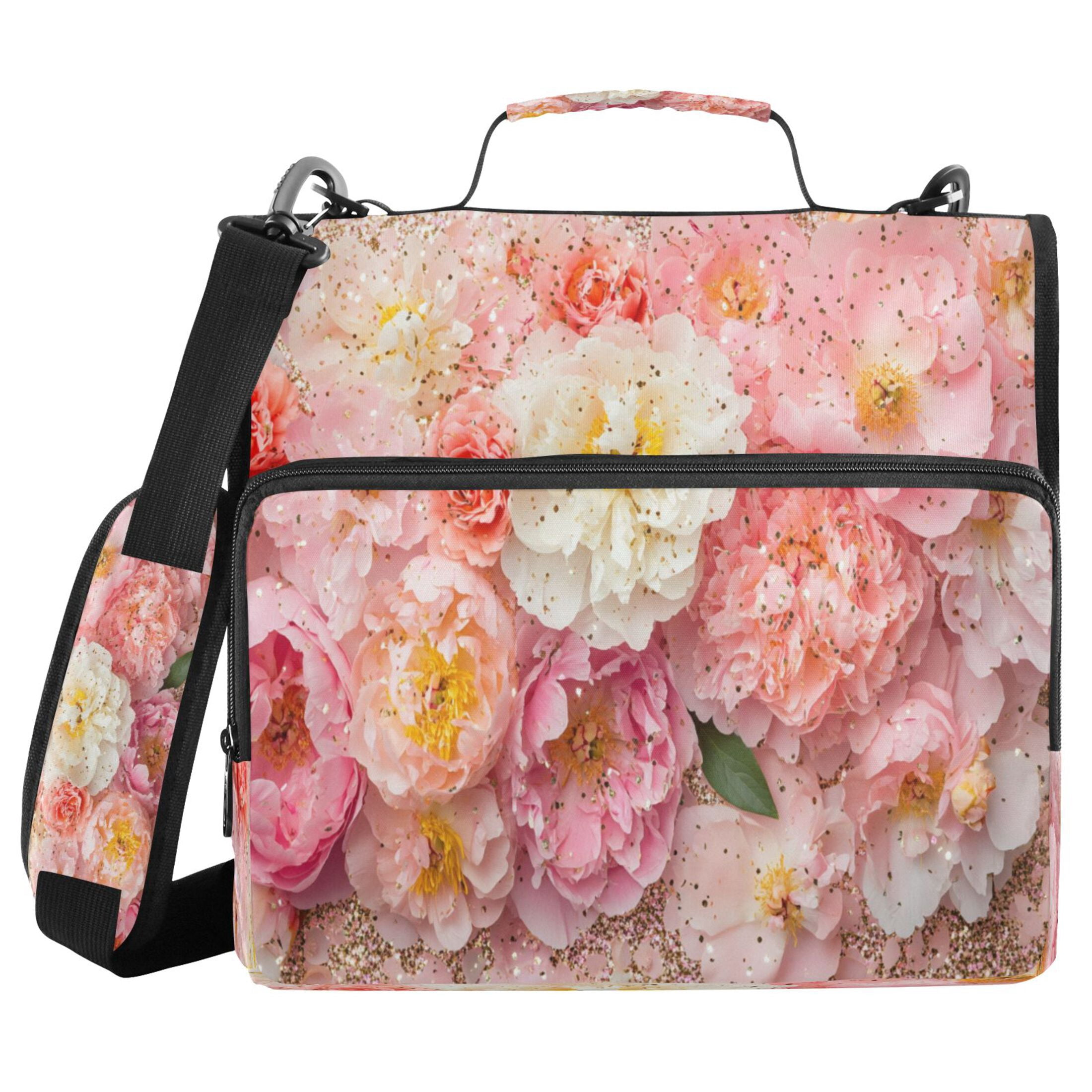 YAZAOO Zipper Binder trapper keeper Documents Organized Design Pink and White Flowers Glitter Printed