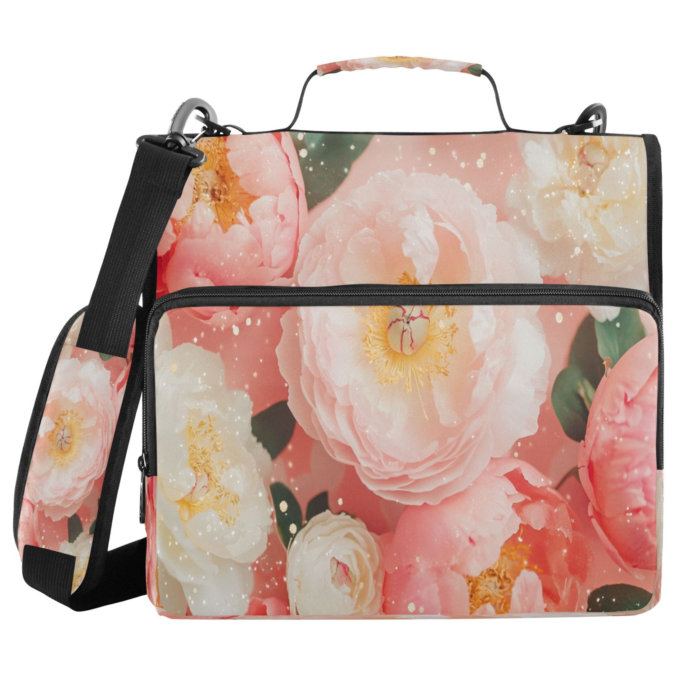 YAZAOO Zipper Binder trapper keeper Documents Organized Design Pink and White Peonies Sparkles Printed