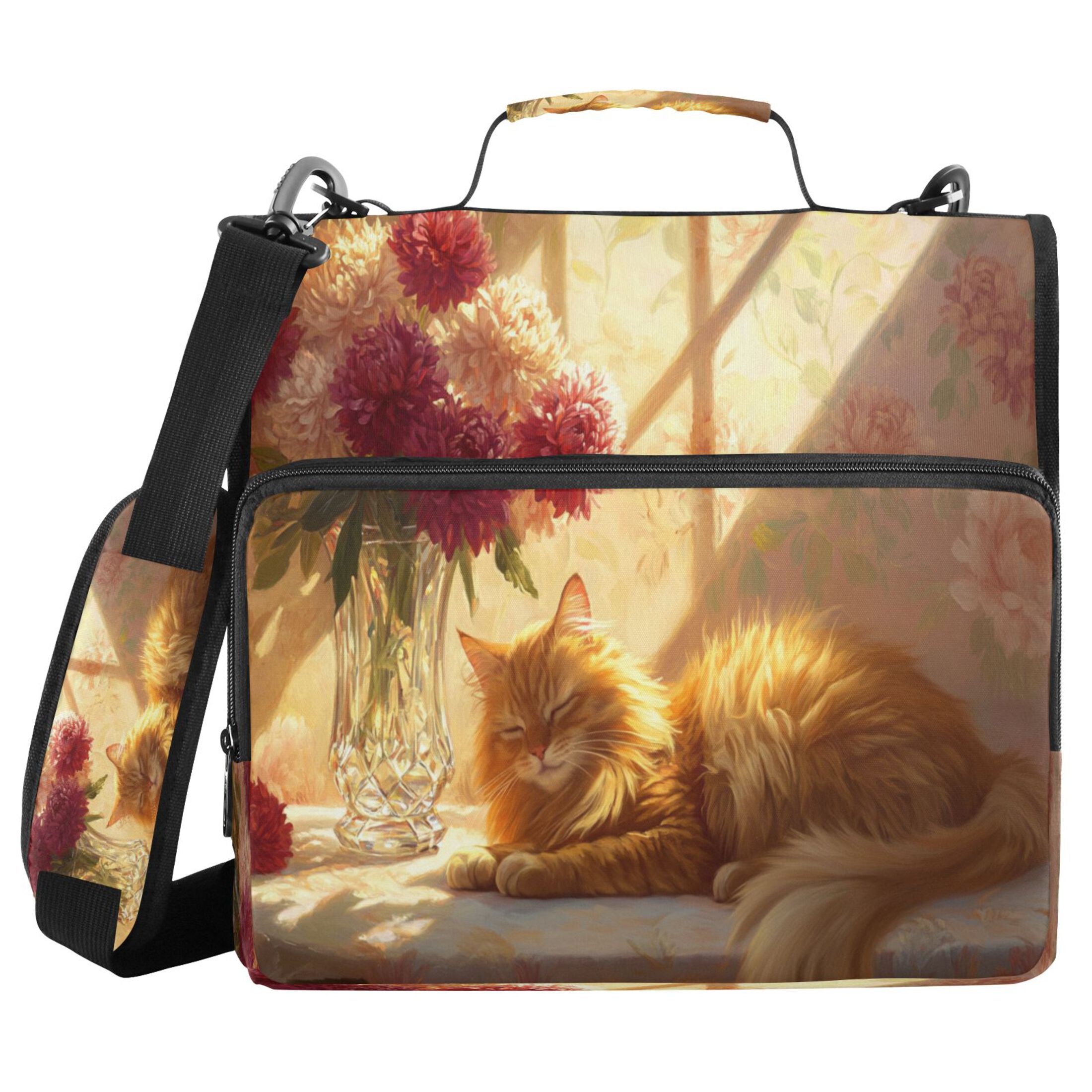 YAZAOO Zipper Binder trapper keeper Documents Organized Design Sleeping Cat Flowers Sunlight Printed