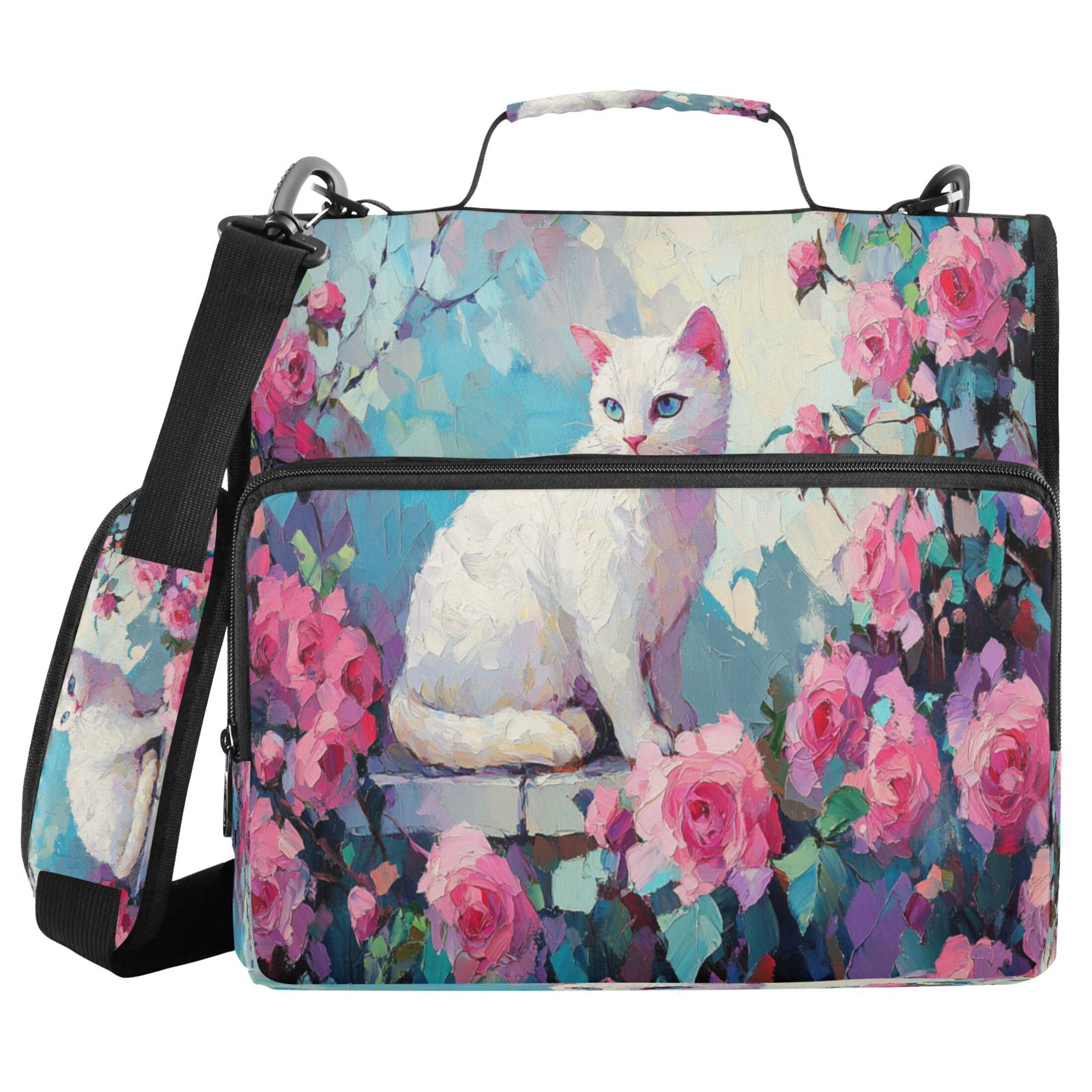 YAZAOO Zipper Binder trapper keeper Documents Organized Design White Cat Among Pink Roses Printed