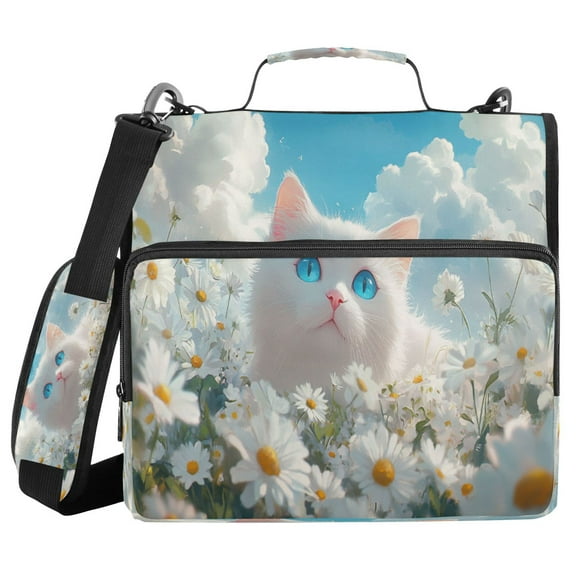 YAZAOO Zipper Binder trapper keeper Documents Organized Design White Cat in Daisies Field Printed