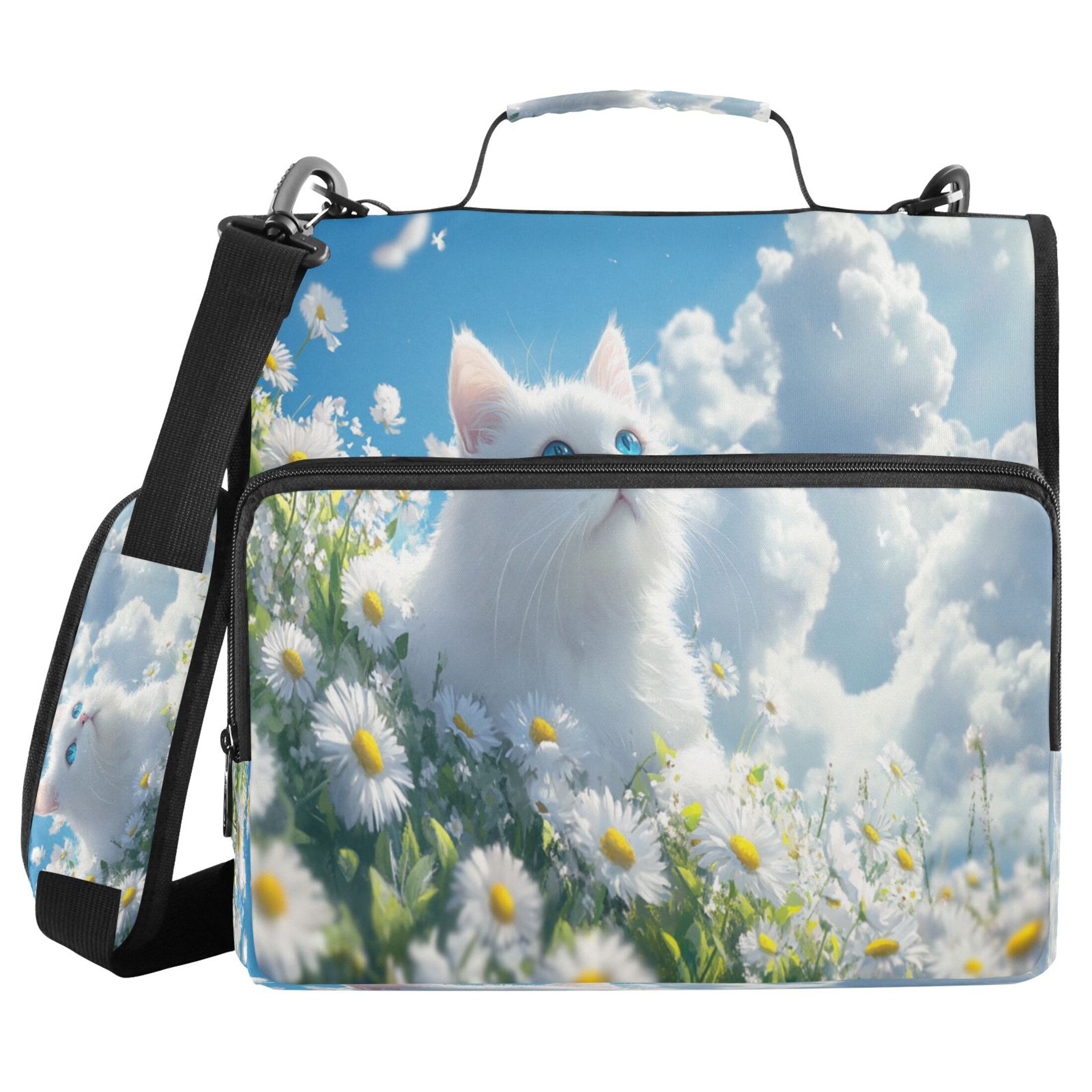 YAZAOO Zipper Binder trapper keeper Documents Organized Design White Cat in Daisy Field Printed