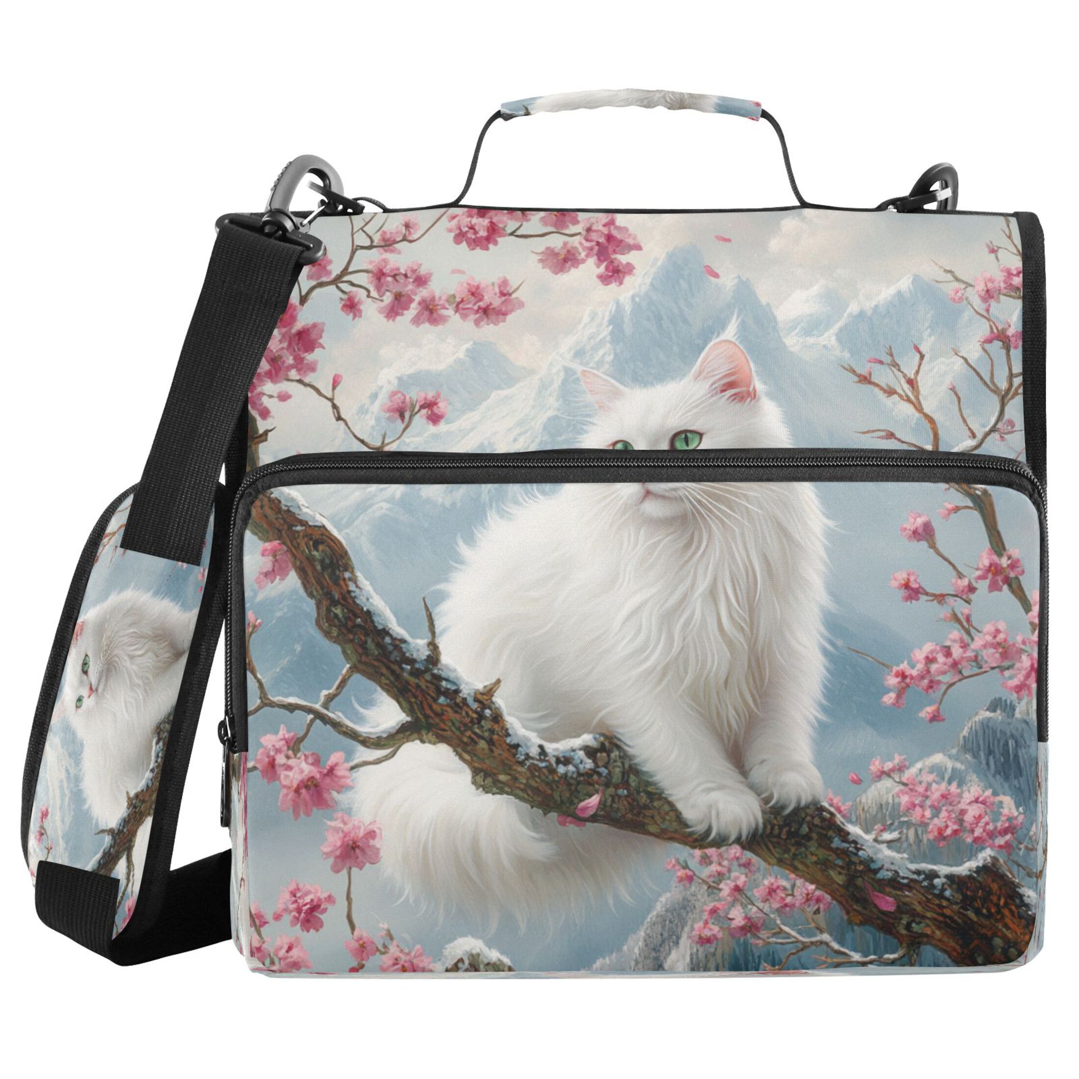 YAZAOO Zipper Binder trapper keeper Documents Organized Design White Cat on Cherry Blossom Branch Printed