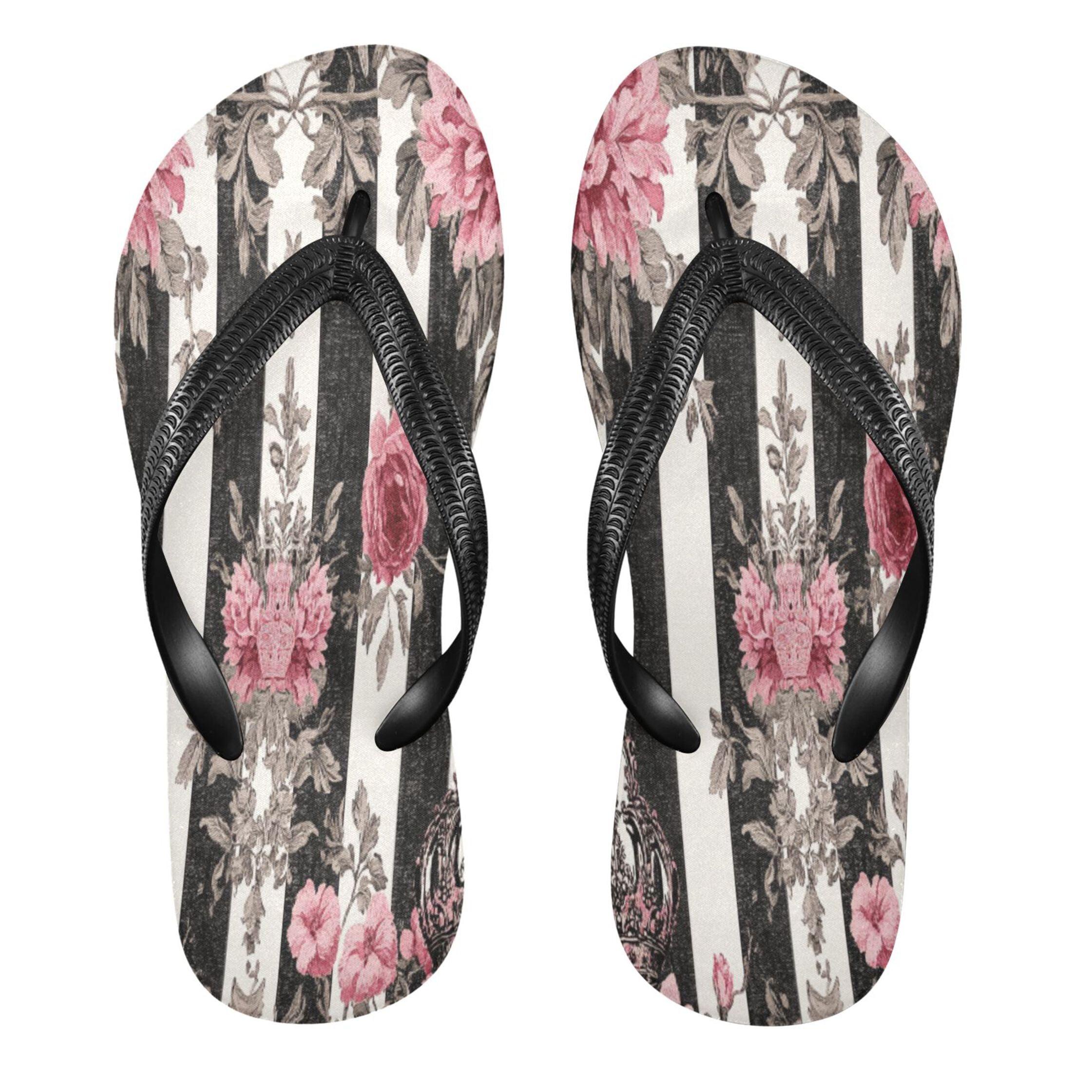 YAZAOOSummer Flip Flops Creatively Black White Stripes Pink Roses ...
