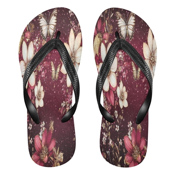 YAZAOOSummer Flip Flops Creatively Blossoms and Butterflies on Burgundy Simple Beach Sandals
