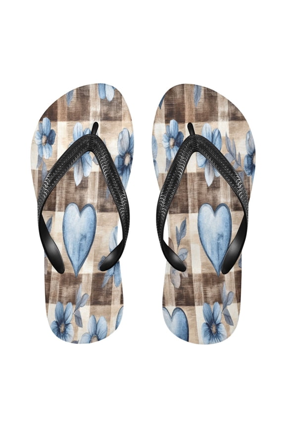 Summer Flip Flops Creatively Blue Floral Hearts on Check Simple Beach Sandals