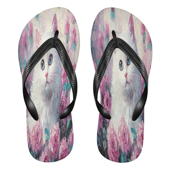 YAZAOOSummer Flip Flops Creatively Cat Among Colorful Roses Painting Simple Beach Sandals