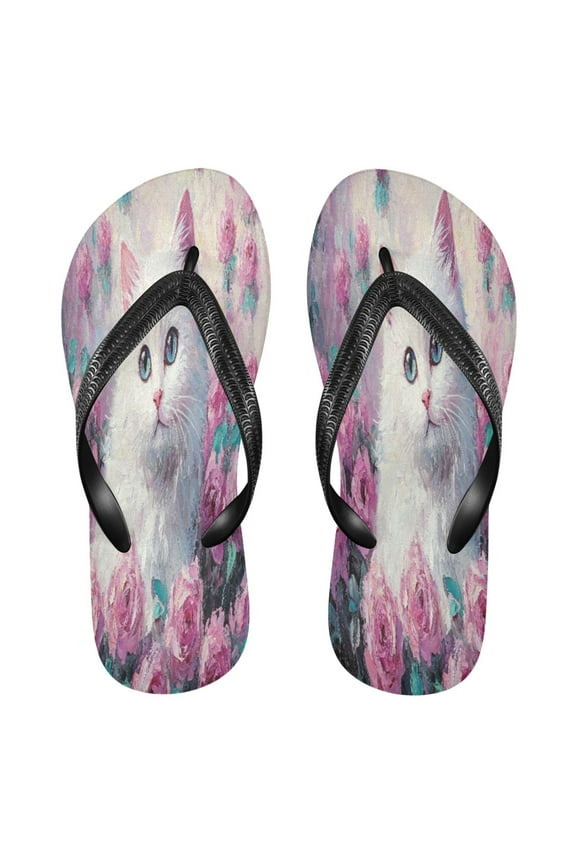Summer Flip Flops Creatively Cat Among Colorful Roses Painting Simple Beach Sandals