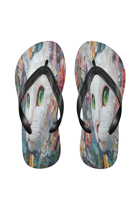 Summer Flip Flops Creatively Cat with Colorful Flowers Painting Simple Beach Sandals