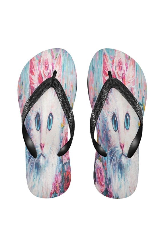 Summer Flip Flops Creatively Cat with Floral Crown Painting Simple Beach Sandals