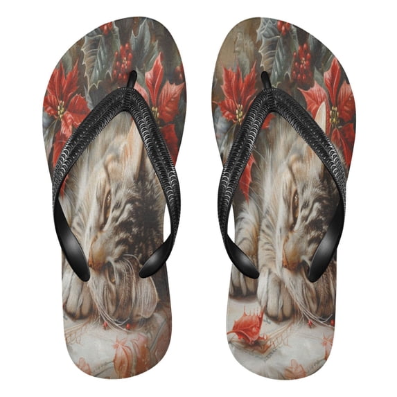 YAZAOOSummer Flip Flops Creatively Cat with Poinsettias Simple Beach Sandals