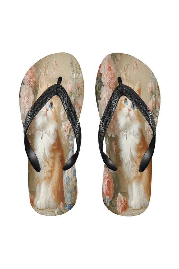 Summer Flip Flops Creatively Charming Cat in Floral Wonderland Simple Beach Sandals